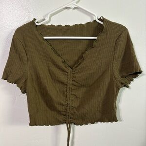 SHEIN Khaki Ruched V-Neck Crop Top